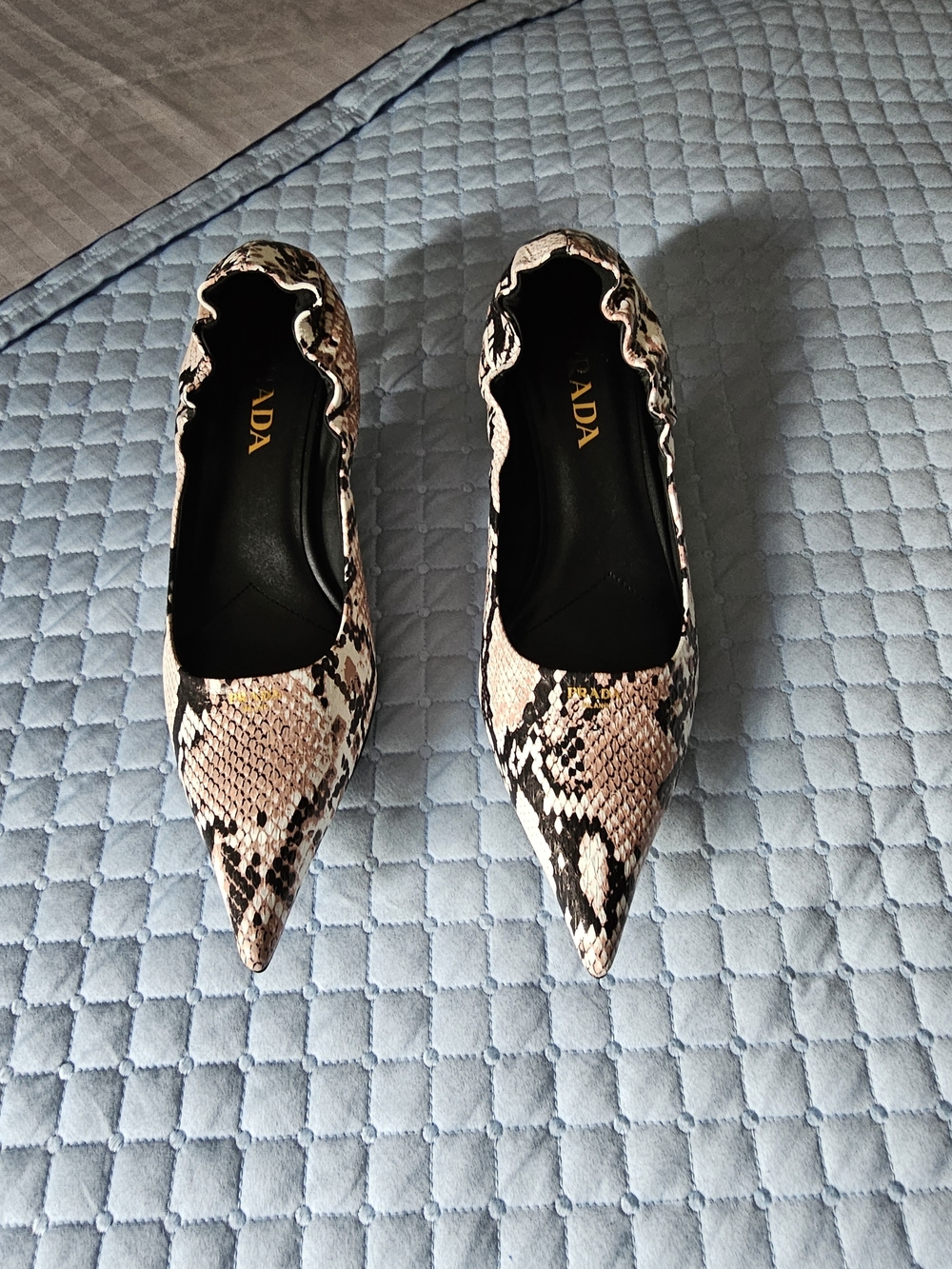 PRADA Women's Pointed Toe Snake-Print Ballet Flats in Beige/Black